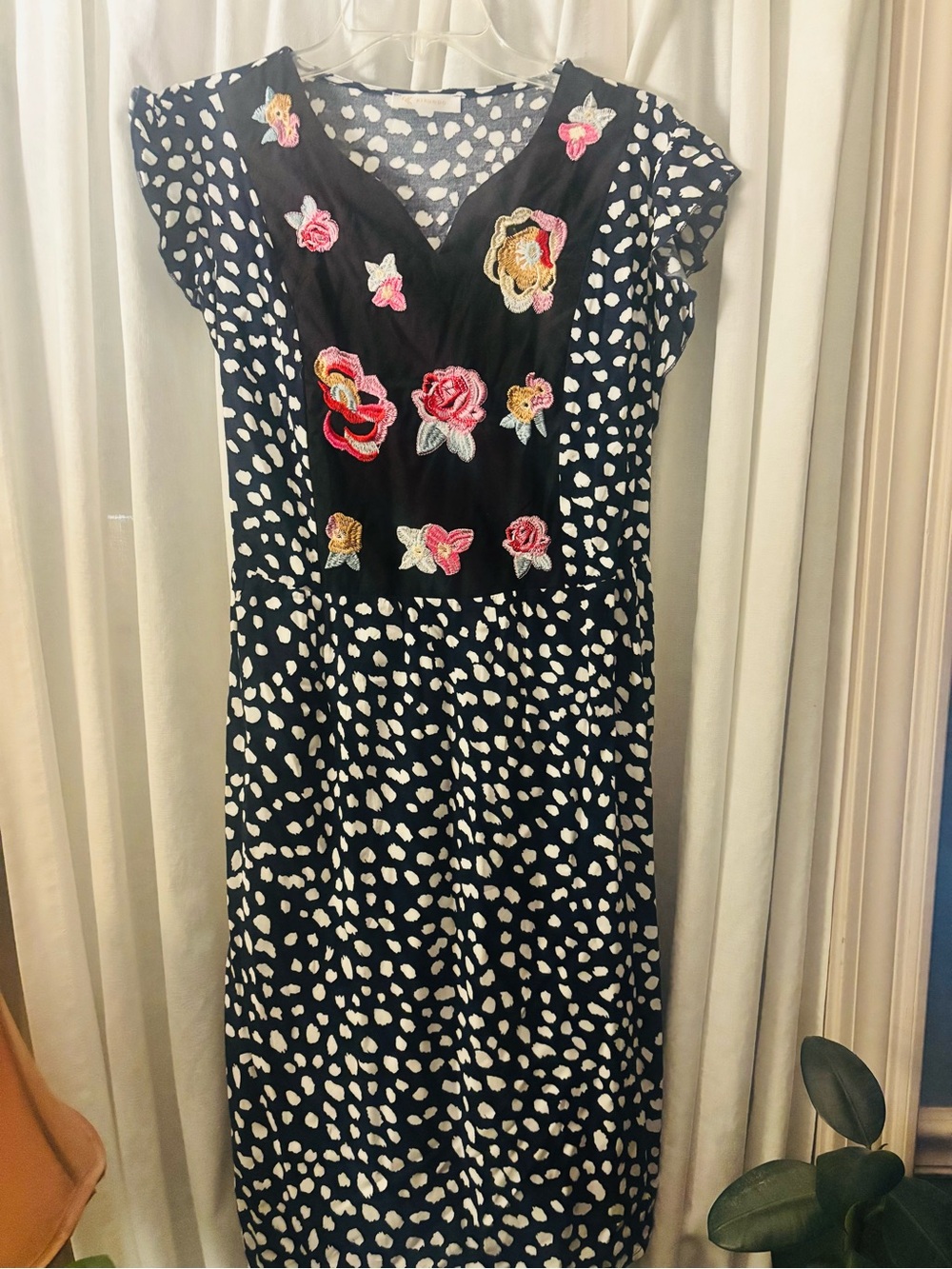 Black Midi Dress with White Spot Print & Pink Floral Embroidery